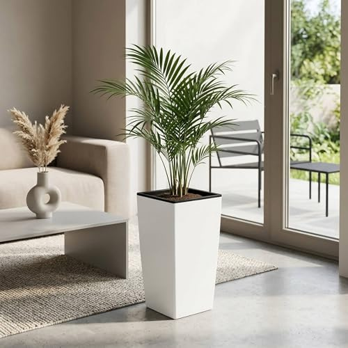 Maceteros Altos para Flores CON Cubeta Interior, Maceta Grande de Exterior/Interior, Plástico mate, para Terraza, Jardín o Salón, resistente UV, 44,9 Alto x (24x24) cm, color Blanco