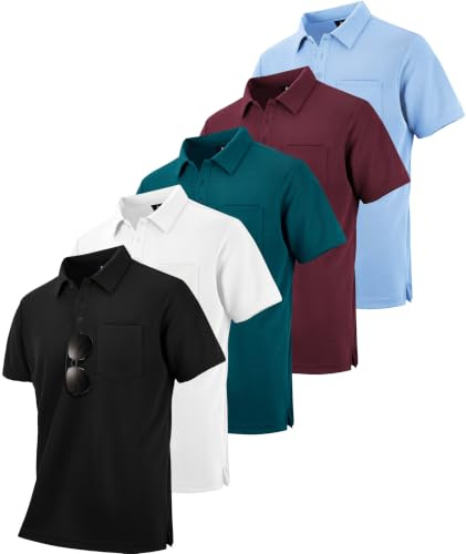 JACKETOWN Lot de 5 polos d'été à manches courtes pour homme - Stretch dans les 4 directions - Respirant - Pour le sport, le golf - Avec boutonnière - Tailles M à 3XL