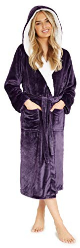 CityComfort Bademantel Damen Flauschig, Fleece Morgenmantel Damen mit Kapuze, Dressing Gown Women (Dunkel Lila, M)