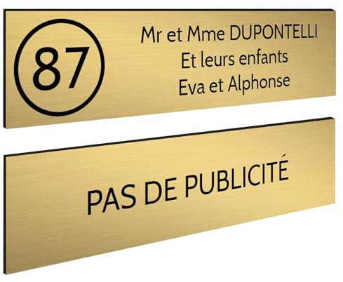 DECOHO - Plaque Boite aux Lettres Personnalisable - Lot de 2 plaques adhésives en Plastique Durable - Or brossé Lettres Noires - 100x25 m - Or