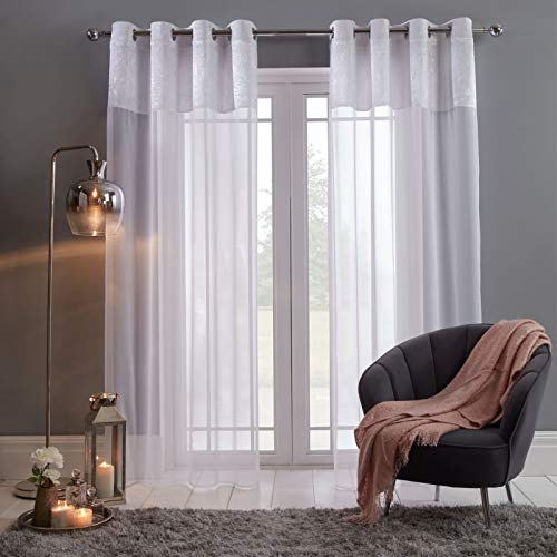 Sienna Crushed Velvet Window Treatment Lace Net Textured Eyelet Ring Top Voile Two Panel Curtains, Pure White - 55 x 87 Drop
