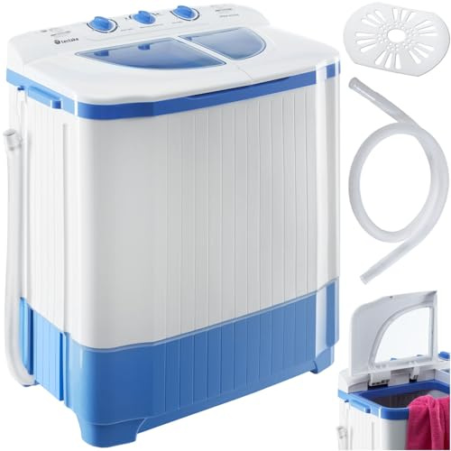 tectake® Minitvättmaskin med Centrifug, 4,5 kg, 2-i-1 Tvätt och Centrifugering, Energisnål och Vattensparande, Lättanvänd och Elegant Design i Blå/Vit, Högkvalitetsplast, 2 Tvättprogram