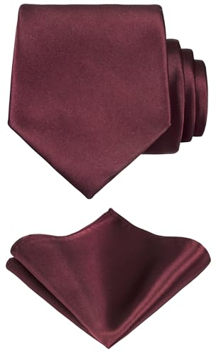 TIE G Solid Satin Woven dyed Color Formal Black Necktie and Pocket Square Sets in Gift Box (Maroon Burgundy)