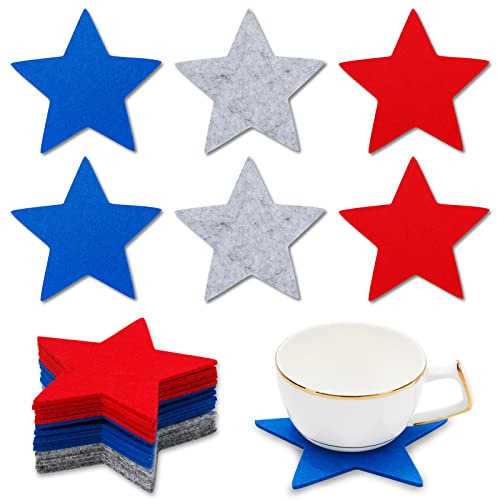 Whaline 15Pcs 4th of July Star Felt Coaster Set Red Blue Grey Star Drink Coasters Patriotic Non-Slip Absorbent Coasters for Table Protection Birthday Housewarming Gifts Patriotic Home Decor