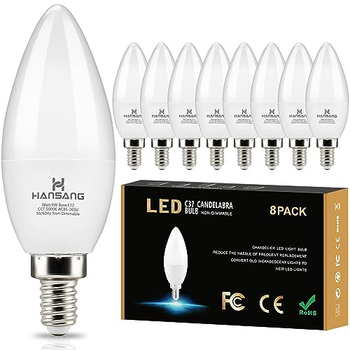hansang 8 Pack E12 Candelabra LED Bulbs 5000K Bright Daylight, Small Base Ceiling Fan Light Bulb 6W, Type B Light Bulb for Chandelier, Candle Shape B11, 600LM, Non-dimmable
