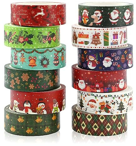 12 Rolls Weihnachten Washi Tape Set Multi Muster Dekoratives Klebeband Schneemann Dekorative Klebebänder Urlaub Bänder Pastell Scrapbooking Aufkleber Klebeband für Scrapbooking Geschenkverpackung