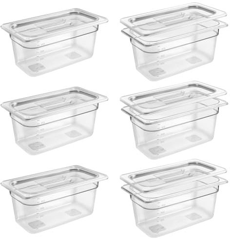6 Pack 1/3 Size 6'' Deep Clear Food Pans with Lids, Commercial Food Pans Polycarbonate Transparent Food Storage Containers, Stackable Plastic Pan with Capacity Scale, Restaurant Supplies Hotel Pan