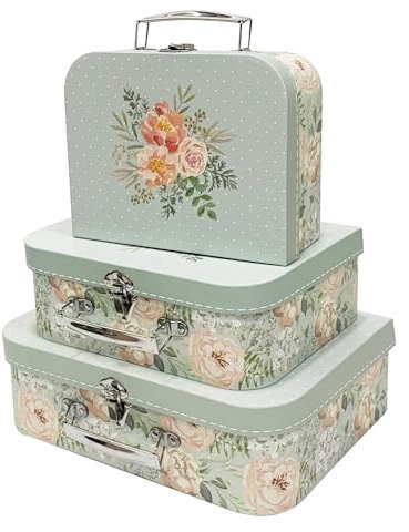 Emartbuy Juego de 3 cajas de regalo rígidas de lujo para maletas, ramo de flores verde pastel, interior blanco con mango de metal y cierre