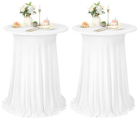 2er-Set Weiß Stehtisch Hussen Stretch mit Rock, 80 x 110 cm,schmutzabweisend, knitterfrei, waschbar, runder Stretch-Cocktail-Tischrock aus Polyester für Hochzeiten, Partys,Restaurants,Bankette