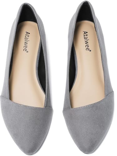 Ataiwee Women's Wide Width Flat Shoes - Ladies Pointed Toe Suede Slip On Office Ballet Flats.(1908076-2402, GR/MF, UK8 Wide)