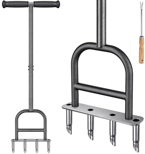 Dolibest Lawn Core Aerator, Hollow Tine Grass Aerating Tool Long Handle Manual Garden Soil Plugger 4 Prong Heavy Duty Coring Aeration Spike Soft Grip with Clay Release Tool