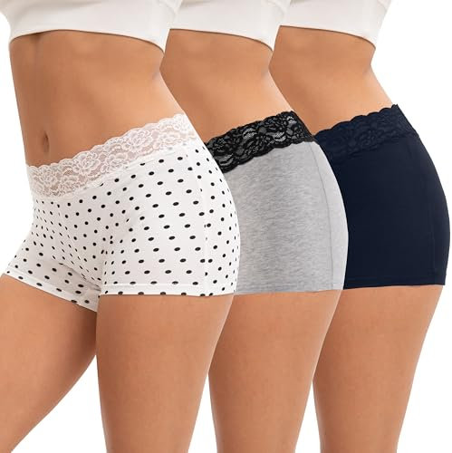 INNERSY Damen Boxershorts Unterwäsche Baumwolle Pantys Spitze Schlüpfer Hosen Unterrock 3 Pack (M, Grau/Marineblau/Punkte)