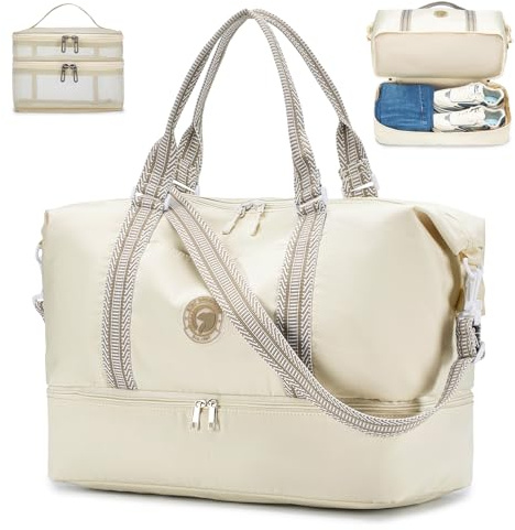 SPAHER Bolsa de Viaje Plegable 45x36x20 EasyJet, Bolsa de Deporte, Bolsa de Mano Equipaje,Bolsa de Gimnasio Impermeable,Bolsas de Fin de Semana para Mujer Hombre, Bolsa de Natación para Playa Beige