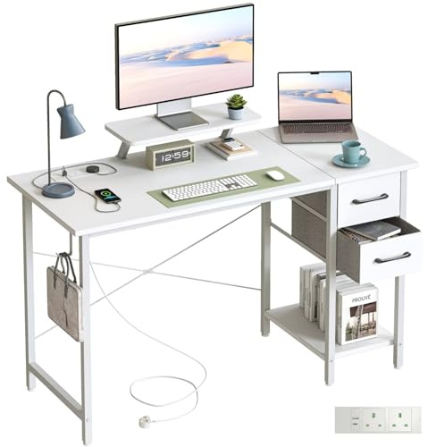 DOMSHOCT Computer Desk with Drawers & Power Outlets, 100*50cm Home Office Desk with Monitor Stand, Gaming Table with Reversible Storage Shelf & Hook, Small PC Workstation for Study Work Write, White
