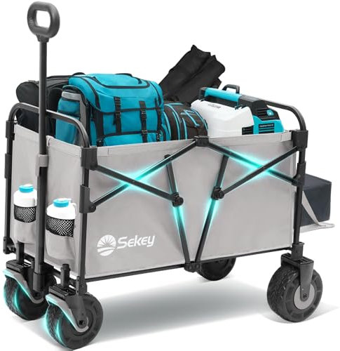Sekey Bollerwagen Faltbar XXL 200KG 155L, Breite Blasformräder Speziell als Faltbarer Bollerwagen Strand, Strandwagen Klappbar mit Heckklappe, Diamant 2001, Grau