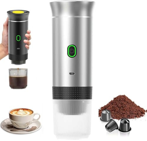 PZCC Machine à Cafe Portable,3 En1 Cafetière à Expresso Chauffage Électrique,12V Expresso Cafetière Rechargeable,Pour Bureau,Voyage,Maison,Compatible avec les Capsules Espresso et Café Moulu (Argenté)