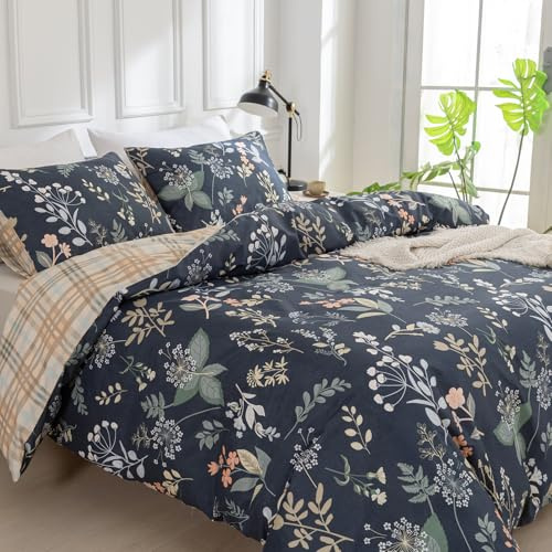 TTCM King Size Duvet Cover Sets, Floral Bedding Sets King Size with Zipper Closure, 3 Piece Patterned Bedding Set, Ultra Soft Microfiber Duvet Cover with 4 Corner Ties (230x220cm, Blue)