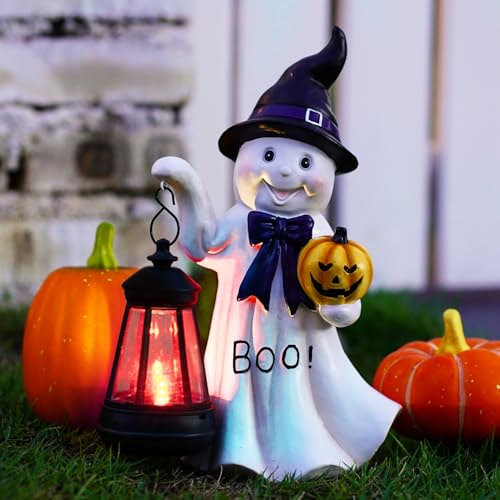 Yeomoo Solar Halloween spöken dekoration med solcellslampor – spöke med häxhatt, pumpa och lykta – läskig solcell för trädgård, terrass, bord – halloween present höstdekoration