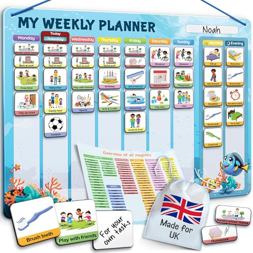LIKARTO Visual Timetable for Kids - 2-in-1 Weekly + Daily Schedule - Magnetic Timetable with 194 Magnets and Magnetic Backing - Morning Routine Chart - Now and Next Board Autism - ADHD Aids - Blue