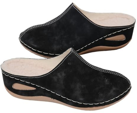 HESYSUAN Zuecos con forro de piel para mujer, con plataforma de cuña cómoda, cálidas, para invierno, acogedoras, de ajuste ancho, de gamuza sin espalda, Black, 39.5 EU