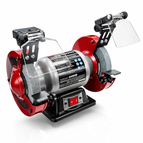 Lumberjack 6 Bench Grinder Heavy Duty 250W Grinding Machine with LED Work Lights, Magnified Safety Shield, Medium & Coarse Grinding Wheels, Powerful Workshop Sharpening Tool