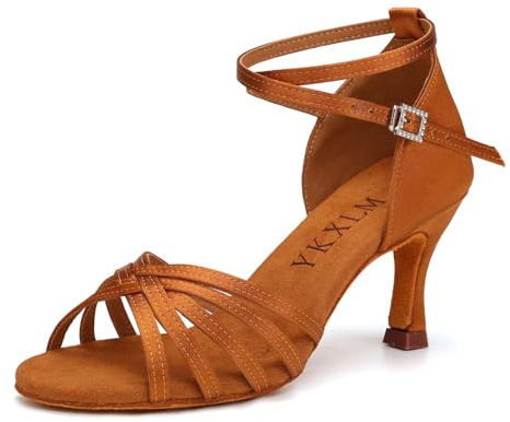 YKXLM Women's Latin Dance Shoes Satin Open Toe Ballroom Salsa Dance Practice Performance Dancing Shoes 3 Inches Heel