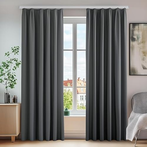 Deconovo Vorhänge mit Kräuselband Gardinen Kälterschutz Vorhang Verdunkelung Lärmschutz für Schiene Wohnzimmer Schlafzimmer, 175x140 cm(HöhexBreite), Dunkelgrau, 2er Set