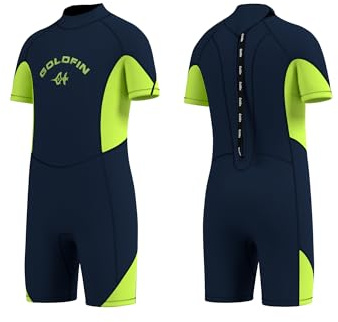 Goldfin Kids Wetsuit for Boys, 3mm Shorty Wetsuit for Kids Neoprene Back Zipper Wet Suits for Water Sports Surfing Swimming Snorkeling Diving Green Size 6