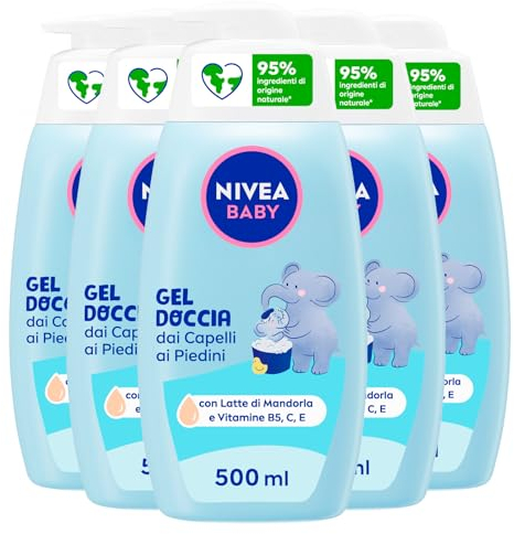 NIVEA Baby Reiniger für Haare an den Füßen, Baby-Shampoo für Körper und Haare, mild und hypoallergen, Reiniger mit natürlicher Ringelblume – 5 Flaschen à 500 ml