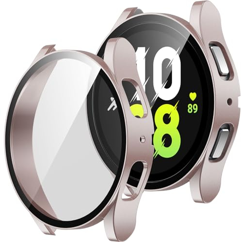 ZZDZZ 2 Stück Hülle Kompatibel mit Samsung Galaxy Watch 5/Galaxy Watch 4 40mm Schutzhülle mit Displayschutz, Hart PC Ultradünne Stoßfeste Gehäuse für Galaxy Watch 5/4 40mm (RoséGold/Transparente)