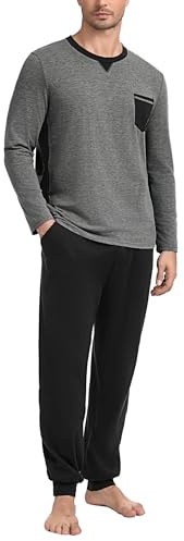 Marvmys Pijamas Hombre Largo Invierno Algodon Conjunto Manga Larga Cuello Redondo Colores Contrastantes Tops Pijama con Puños Pantalones con Bolsillo y Puños Gris Oscuro L