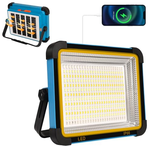 Foco LED Recargable 100W LED Foco de Trabajo Portátil con energía solar y Bateria USB Recargable 10000mAh Base Magnética 5 modos de iluminación - Ideal para Camping, Pesca, Emergencias, Garaje, Taller