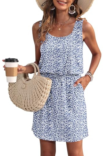 WNEEDU Vestido de Verano de Las Mujeres sin Mangas Tanque Playa encubrimientos U Cuello cordón Vestidos Flor Azul Púrpura M