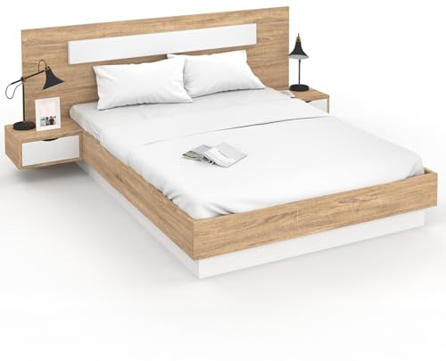 IDMarket - Lit Double Santa avec tête de lit + Tables de Chevet intégrées et sommier 140 x 190 cm Bois et Blanc