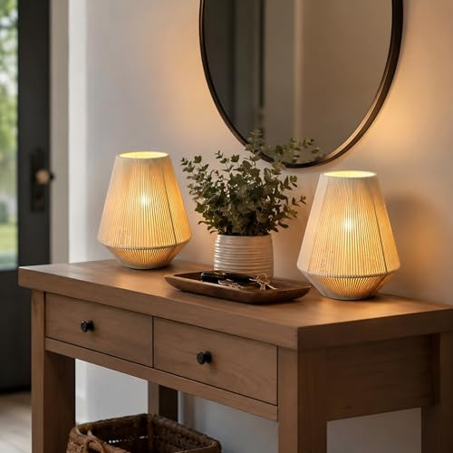 JHY DESIGN Set med 2 vävda lampskärmar bordslampor 21 cm hög bomullsrep sänglampor sladdlösa dekorativa batteridrivna lampor med 6-timmars timer för sovrum vardagsrum
