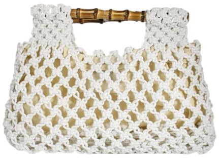 Tasysain Women Straw Woven Mesh Handbag Bamboo Handbag Trendy Summer Travel Seaside Beach Vacation Totes Bag, White