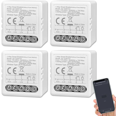 ANTELA Relais commutateur WiFi et Bluetooth 1 canal 10A, interrupteur WiFi Mini compatible avec Alexa et Google Home, Smart Life APP, pas besoin d'un hub, 4 pièces
