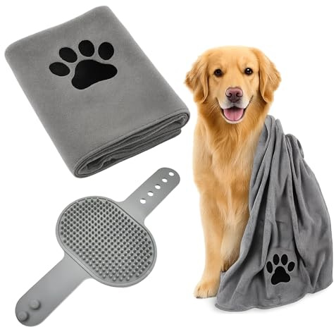 KRYMXAR Lot de 2 serviettes pour chien extra absorbantes, peignoirs et pinceaux de bain pour chiens de grande taille, 100 x 50 cm, serviette douce pour chien