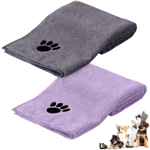 Vyranut Serviette de Toilette pour Chien, 2 Pièces Serviettes pour Animaux de Compagnie, Serviette de Bain pour Chien en Microfibres 75 x 35 cm, Serviette à Séchage Rapide, Absorbante(Gris/Violet)