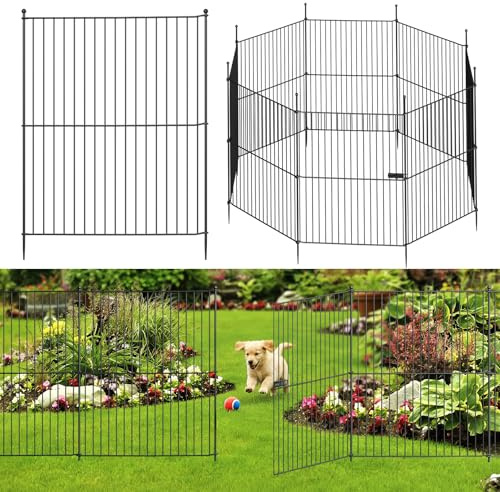 The Fellie 10 Panels Decorative Garden Fence with Gate - 81cm (H) x7m (L) No Dig Dog Fence Outdoor for Animal Barrier, Garden Border Fence for Outdoor, Patio, Lawn, Flower Bed, Easy Set Up, Black