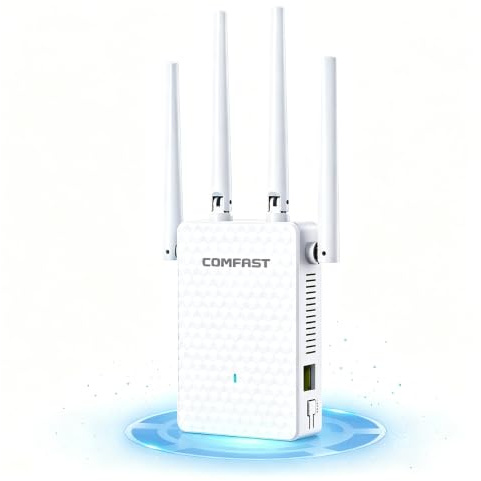COMFAST Amplificador Señal WiFi, AC1200Mbps Repetidor WiFi Doble Banda 2.4G/5G con 4 Antenas Externas - 3 Modos (Repetidor/Router/Ap), Puerto Ethernet, WPS Botón, MU-MIMO, Luz Indicadora, Enchufe EU