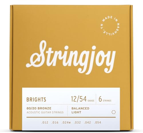Stringjoy BB1254 Brights 80/20 Bronze Light Acoustic Guitar Strings, 12-54 Light Gauge, Guitar Strings Acoustic 6 String Set, Long-Lasting Tone, Smooth Playability, Premium Guitar Accessories