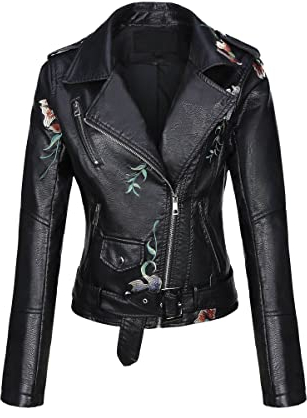 Bellivera Spring Faux Leather Jacket For Women Womens Long Sleeves Winter Faux Leather Embroidery Floral Zipper Jacket,Black1702020,Medium