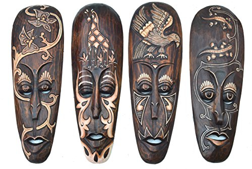 Interlifestyle 4 Wandmasken 50cm mit Adler Schmetterling Giraffe Geckos Holzmaske Maske Wandmaske