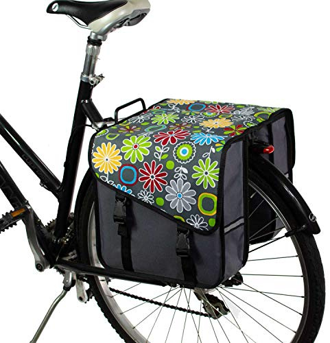 BikyBag Classic CS – Doppia Borsa da Bici 26L, Idrorepellente, Stile Fashion e Fantasie Colorate, per Portapacchi Posteriore (Margherita Grigia)