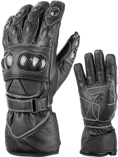 Gants Moto Hiver Homme Cuir Homologués CE Certifiés Chauds Tactile Smartphone Imperméable Waterproof Double Serrage Poignet & Manchette Coque Protection Métacarpe Taille S M L XL XXL - Noir