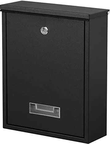 Dalmbox Locking Mailbox Wall Mount, Wall Mounted Mailbox with Key Lock, Large Drop Box with Galvanized Steel Cover, Rust-Proof Metal Post Box, Black, 10.2” x 3.7” x 12.6”