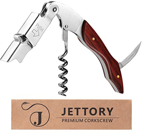 Jettory Cavatappi | Apribottiglie professionale da sommelier con tagliacapsule, apribottiglie e doppio cardine per bottiglie di vino | Apri bottiglie in acciaio inossidabile. (Pakawood)