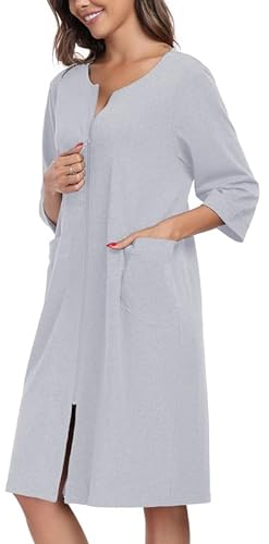 COLORFULLEAF Damen Bademantel mit Reißverschluss Leicht Morgenmantel 100% Baumwolle Hausmantel 3/4 Ärmel Nachthemd mit Taschen(Grau,2XL)
