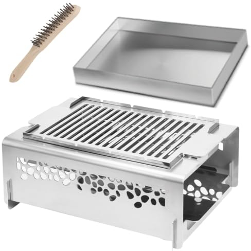 MBH- Barbacoa de mesa de acero inox, resistente y ligera para jardines, patios, eventos. Ideal cocina a la brasa. Incluye Llauna de acero inox y cepillo limpieza.